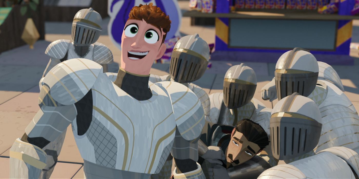 Beck Bennett as Todd Surblade stands with a group of knights in Nimon.