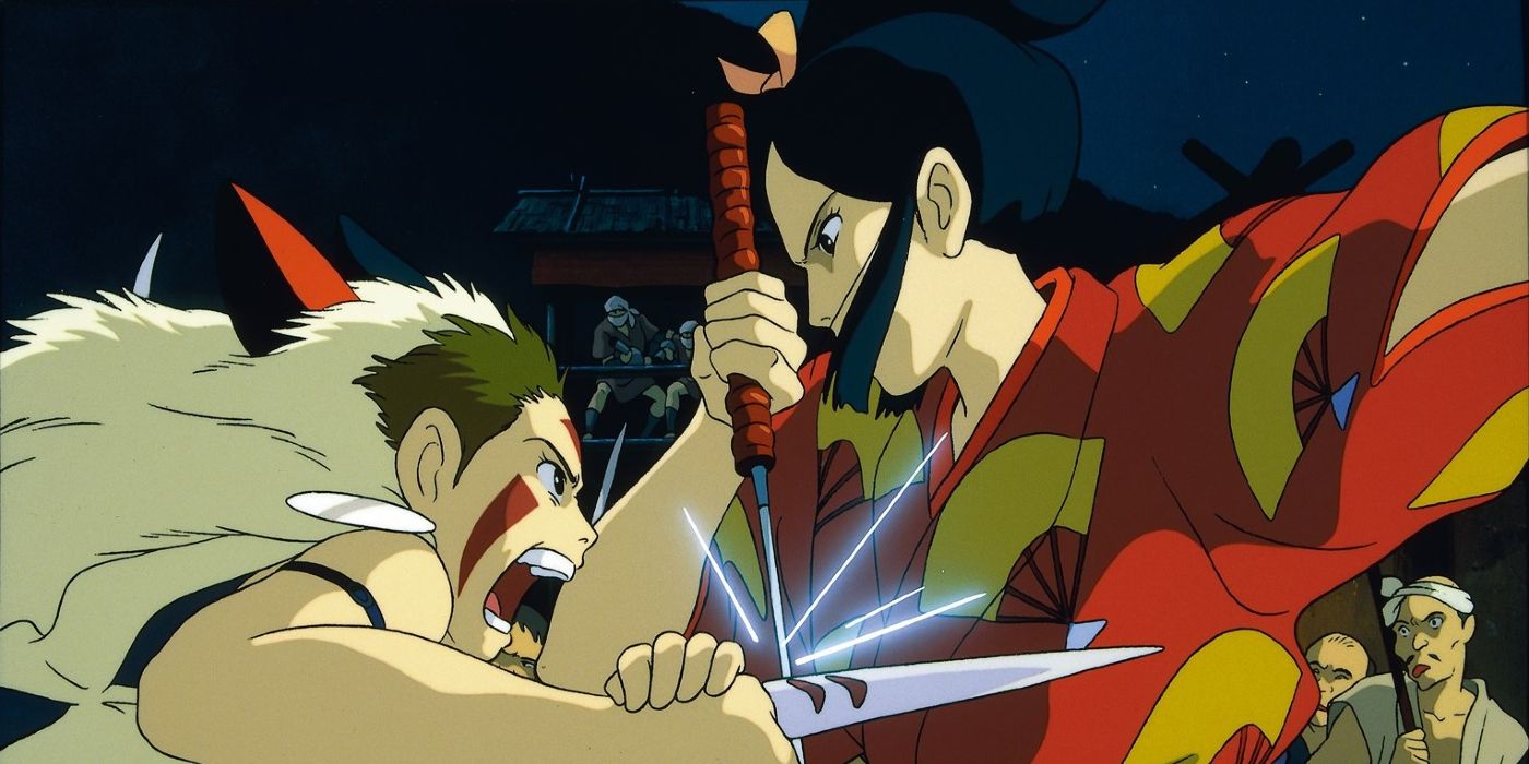 Sun and Lady Eboshi fight in Princess Mononoke.