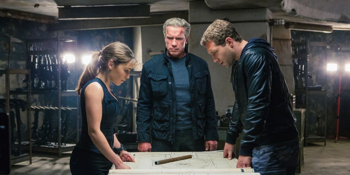 Sarah Connor, Terminator, and Kyle Reese looking at a map in Terminator Genisys.
