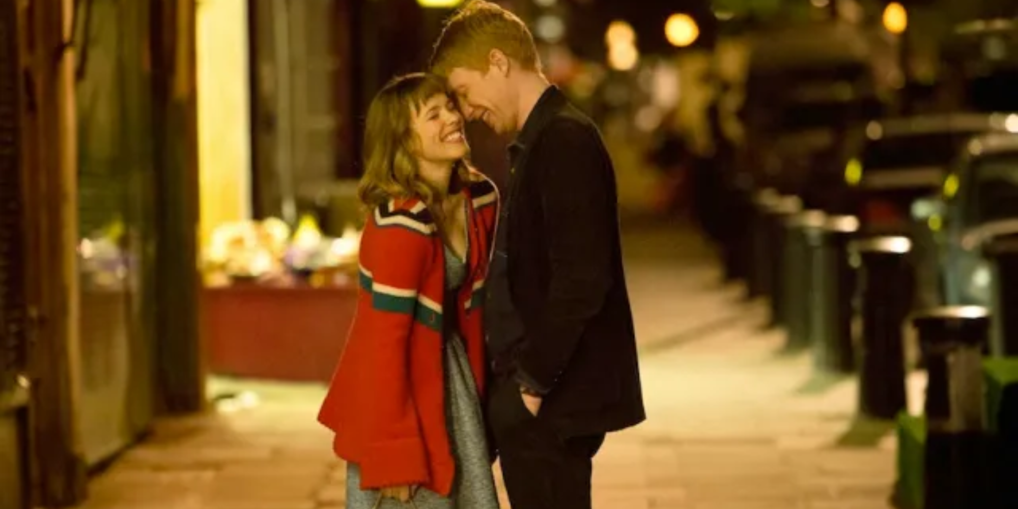 Domhnall Gleason and Rachel McAdams as Tim and Mary about to kiss in About Time.