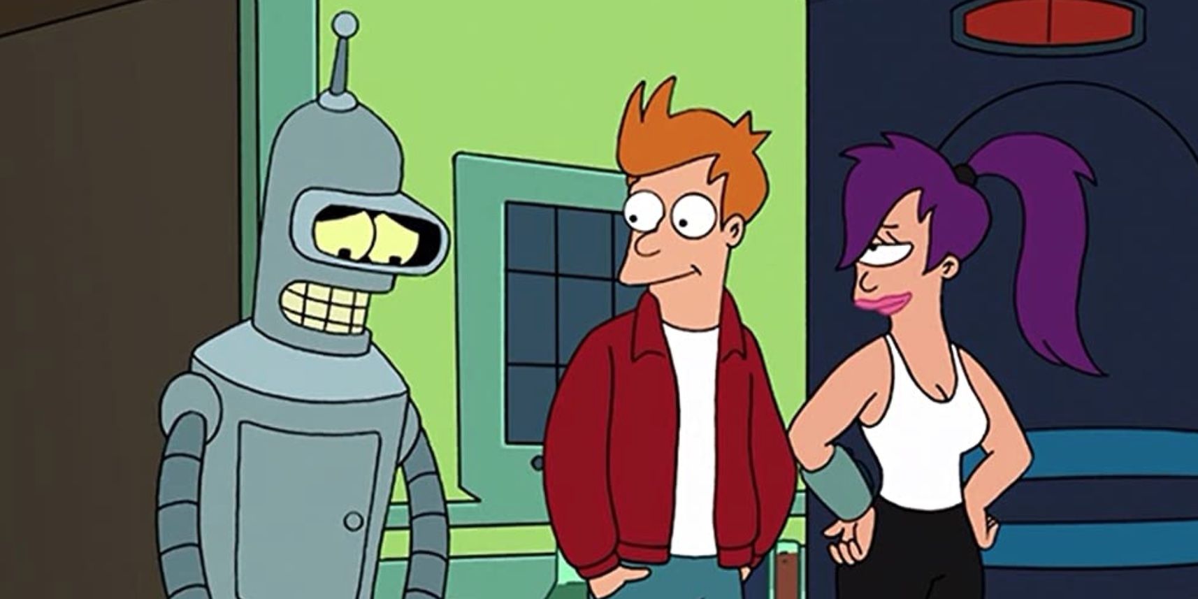 Katey Sagal (voicing Turanga Leela), John DiMaggio (voicing Bender) and Billy West (voicing Philip J. Fry) in the Futurama cartoons