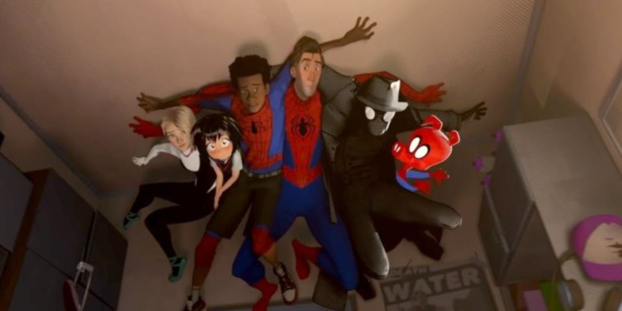 A gang of spiders on the ceiling of Miles Morales' bedroom