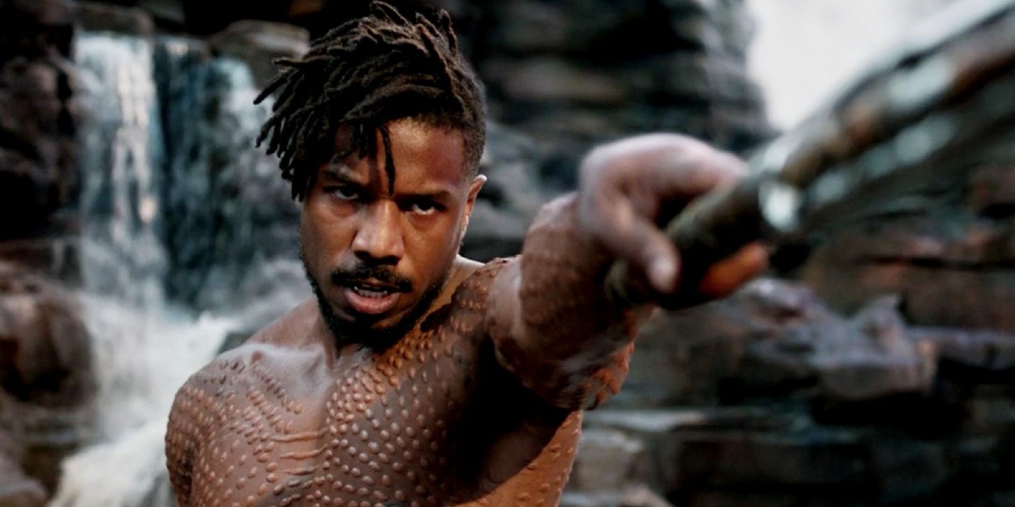 Eric Killmonger challenges T'Challa to a fight at the top of a waterfall.