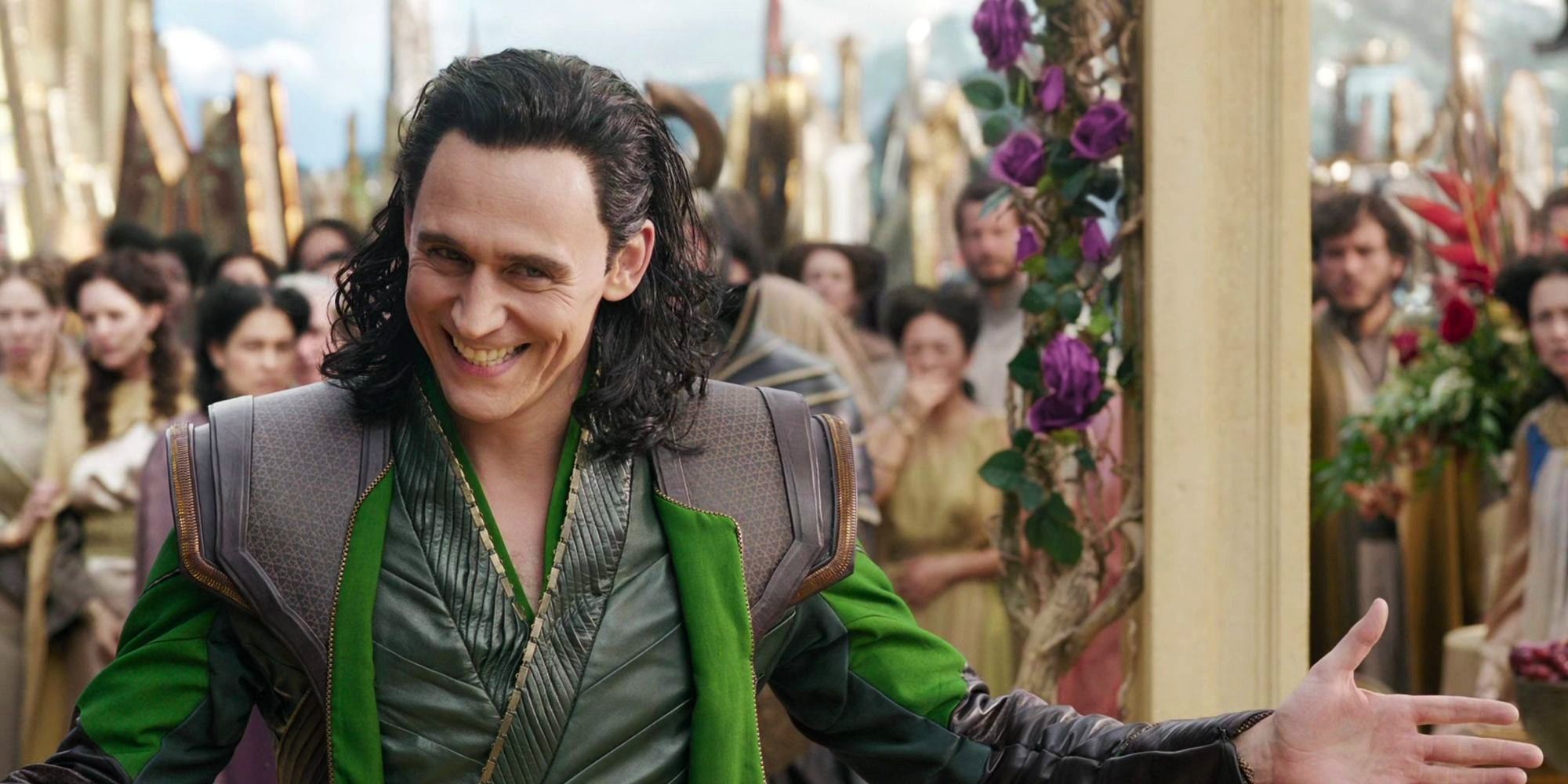 Loki smiles mischievously after pretending to be Odin in Thor: Ragnarok.