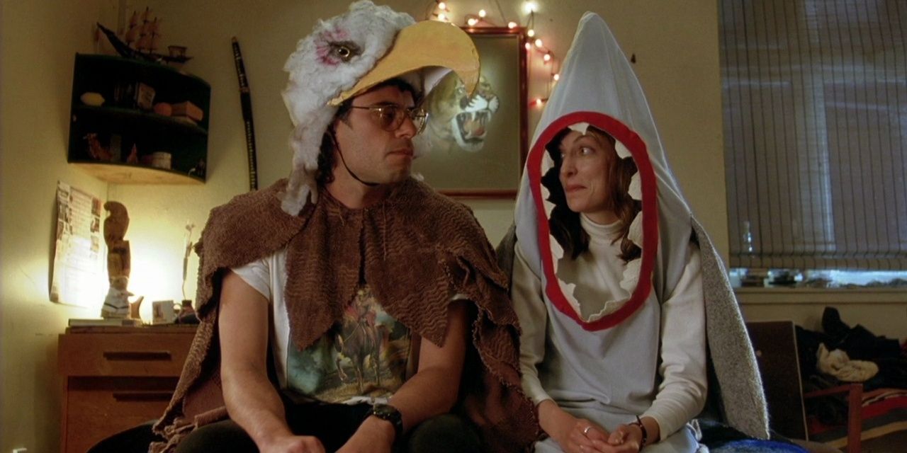 eagle vs shark, Jarrod and Lily look at each other in costumes