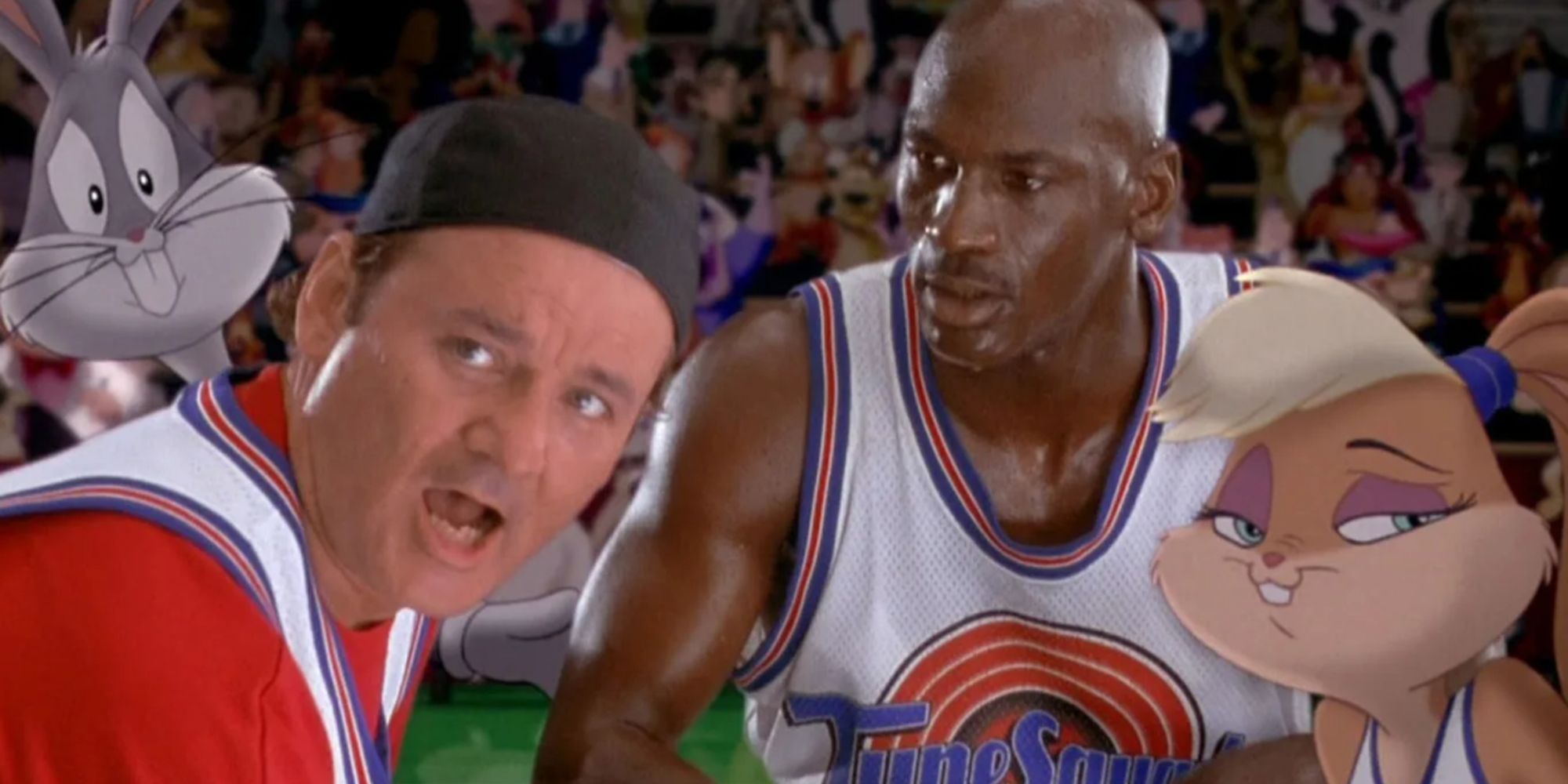 Bill Murray, Bugs Bunny, Michael Jordan and Lola Bunny in the crowd 
