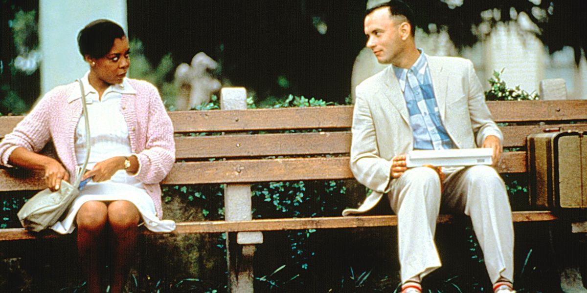 Forrest (Tom Hanks) is talking to a random stranger in Forrest Gump.