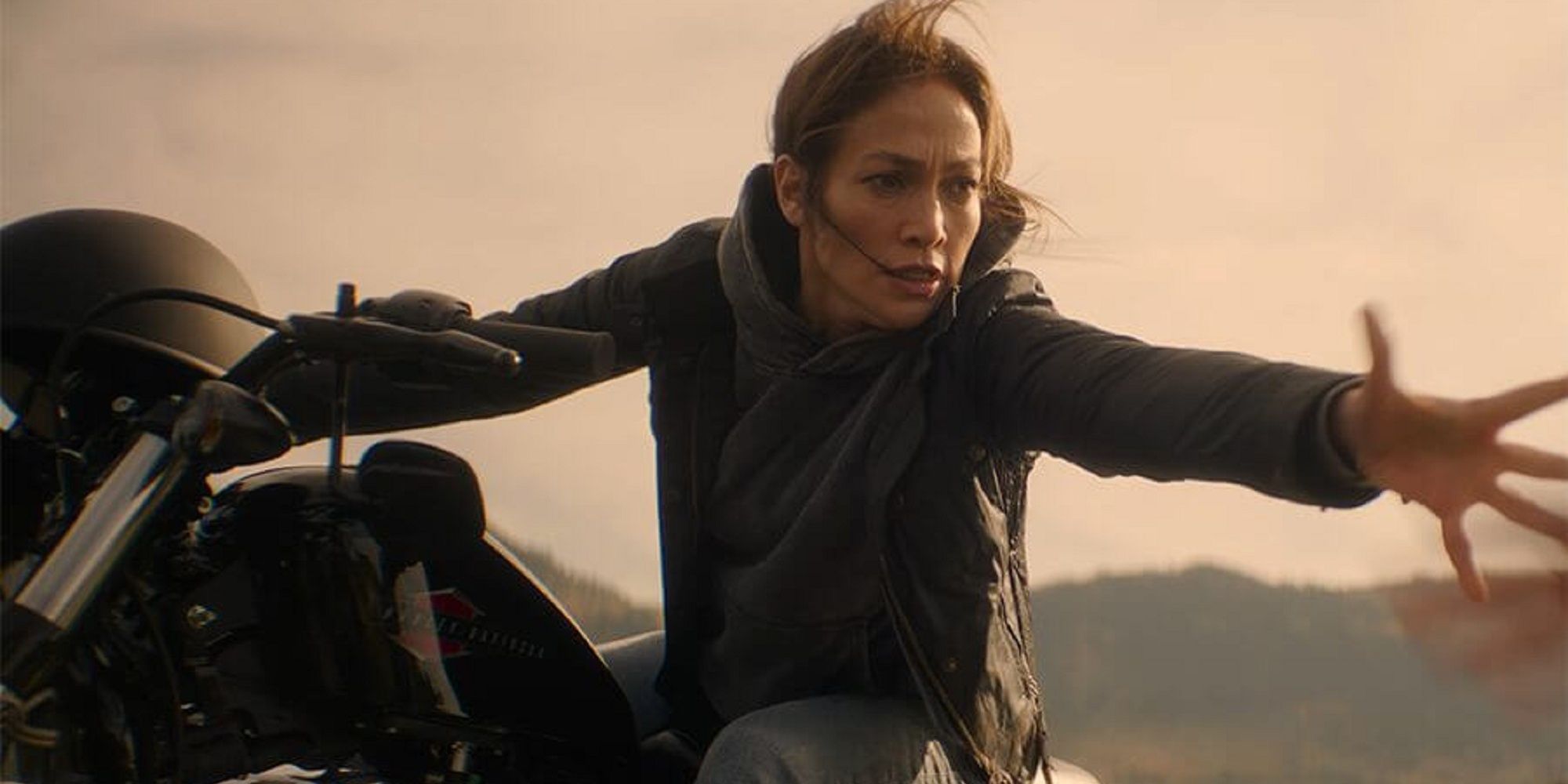 Jennifer Lopez's character lends her hand on a motorcycle in Mother.