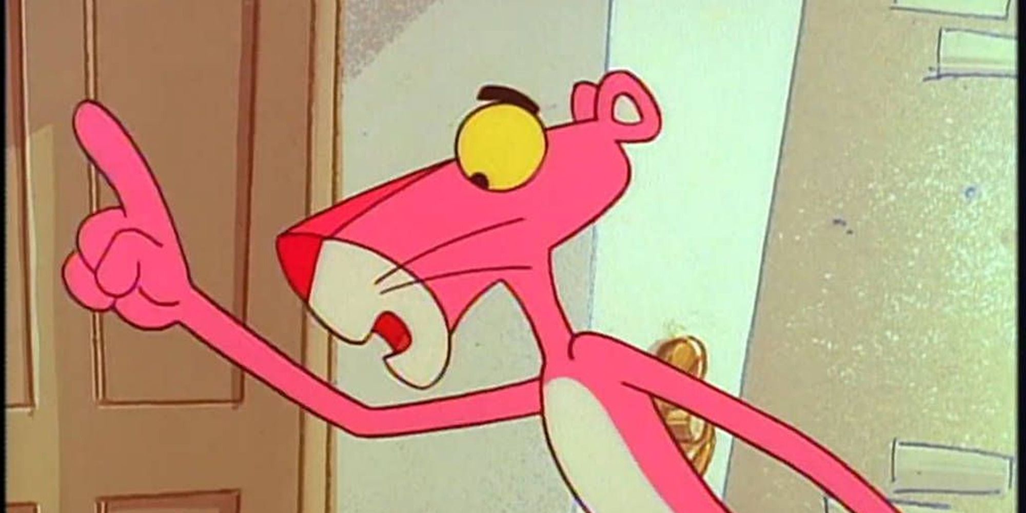 The pink panther points a finger at someone on the left