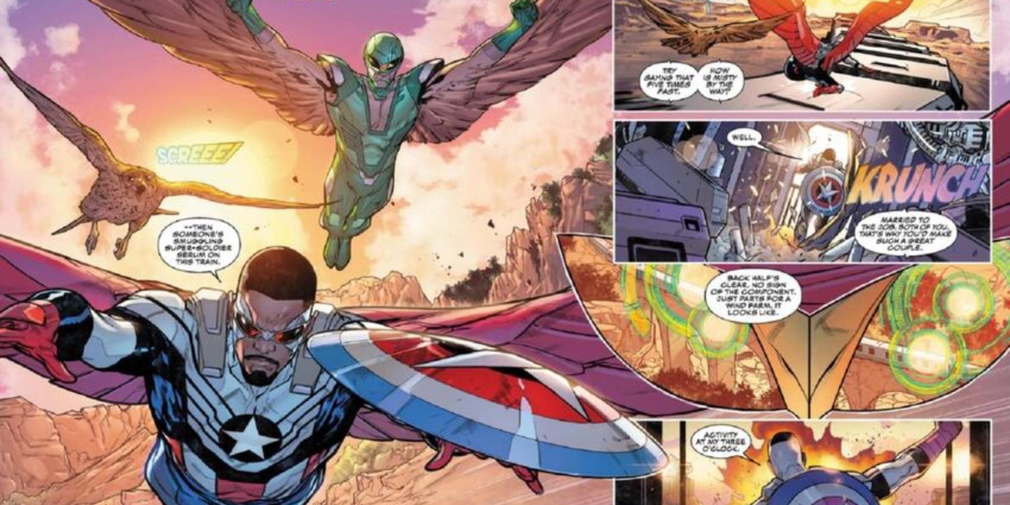 A comic book about Captain America and the Falcon flying together.