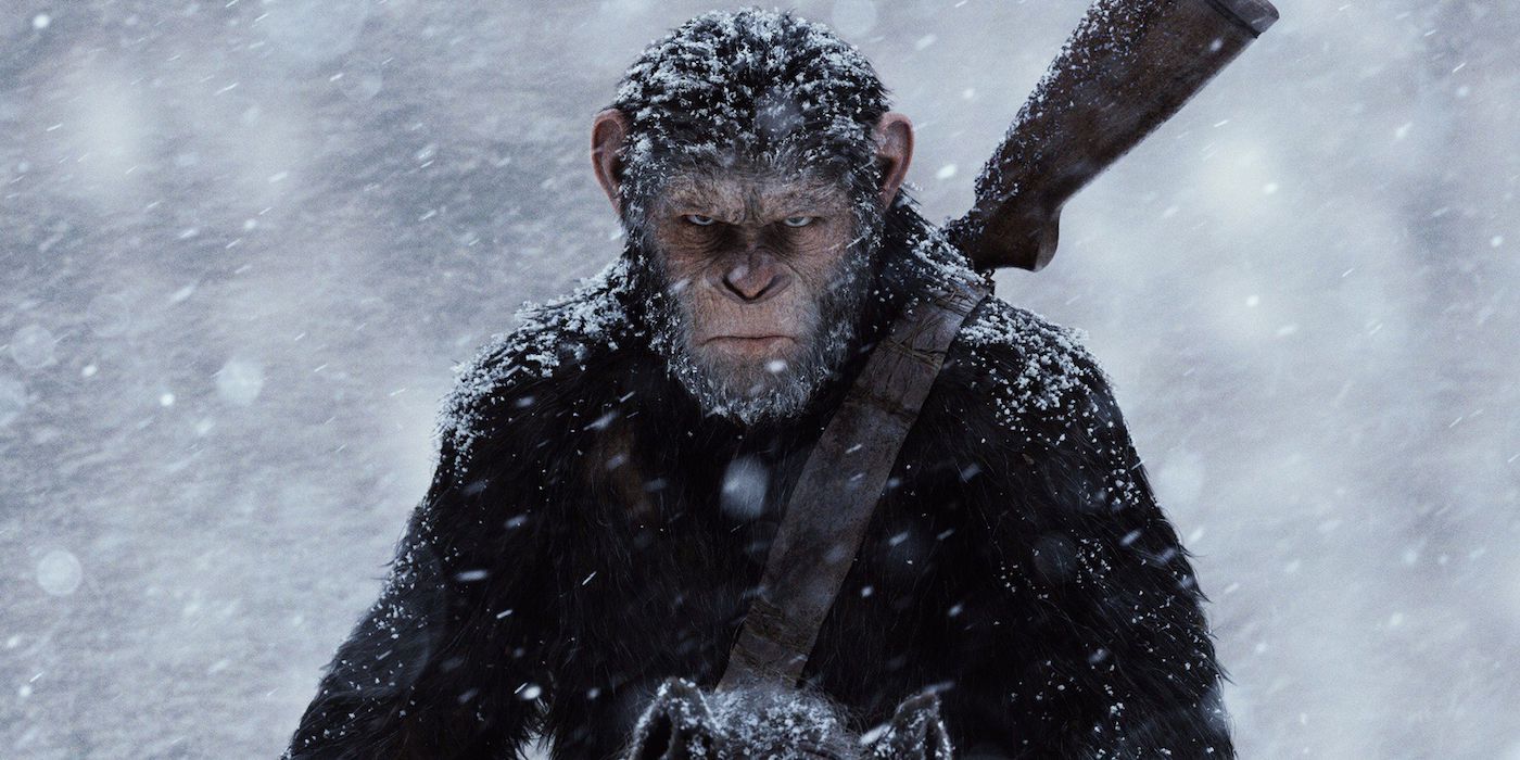 Caesar under the snow looks angry in War for the Planet of the Apes.