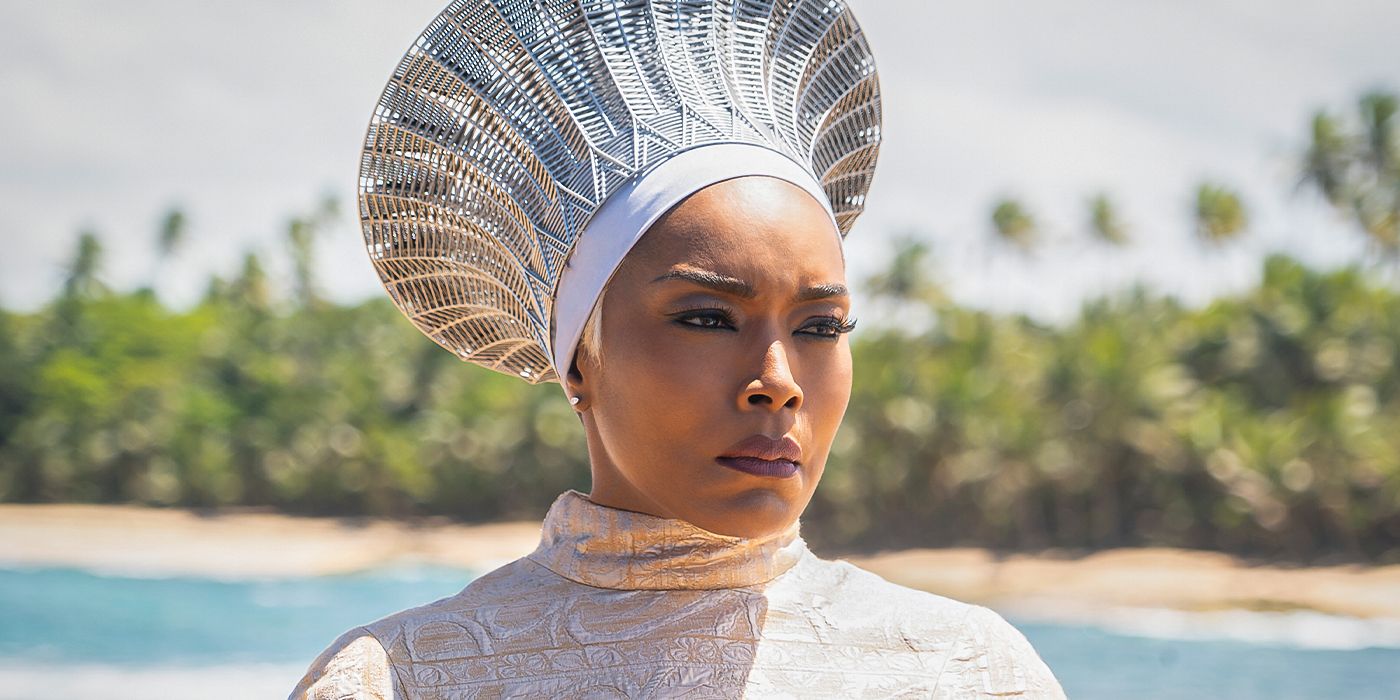 Queen Ramonda on the beach looking into the distance in Black Panther: Wakanda Forever.