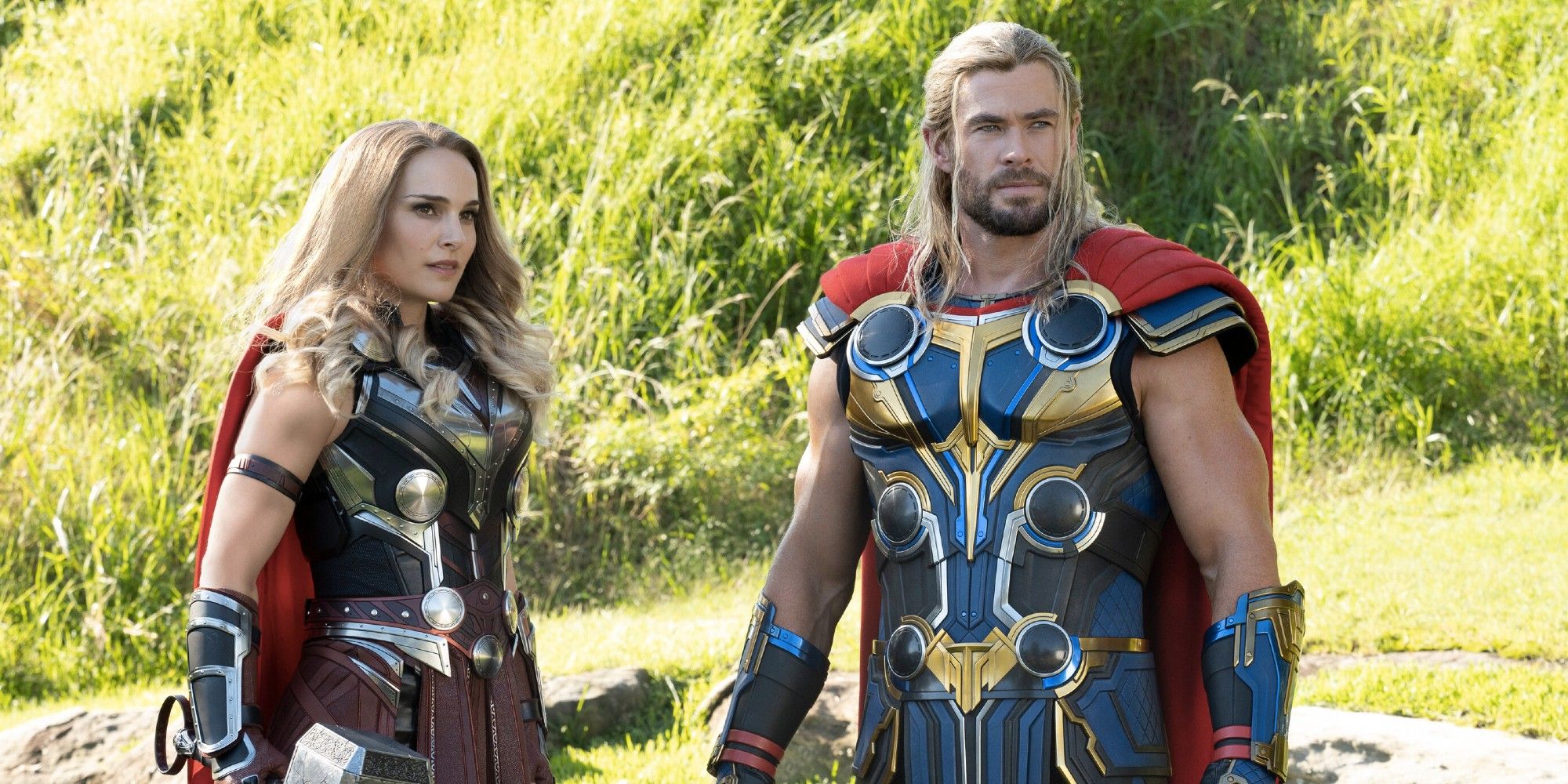 Natalie Portman and Chris Hemsworth as Jane Foster and Thor Odinson in Thor: Love and Thunder.