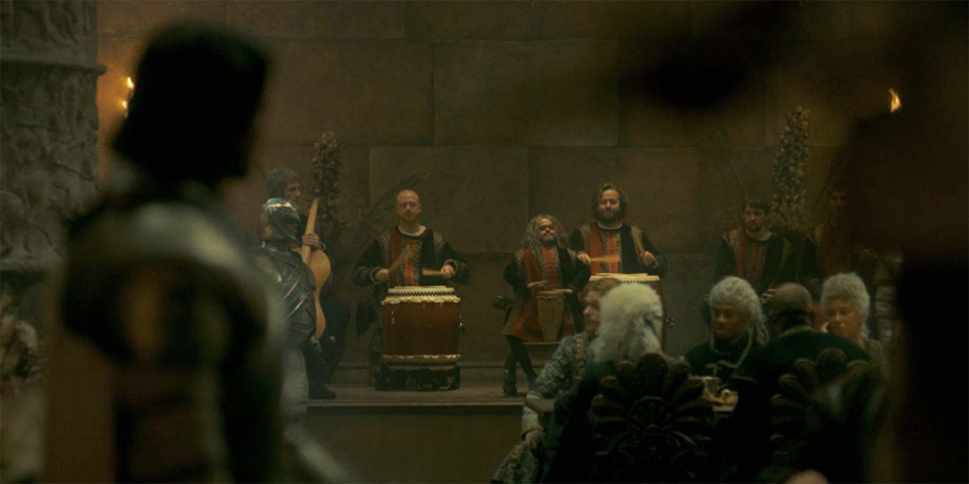 Musicians in the House of the Dragon Episode 5 with a potential Mushroom
