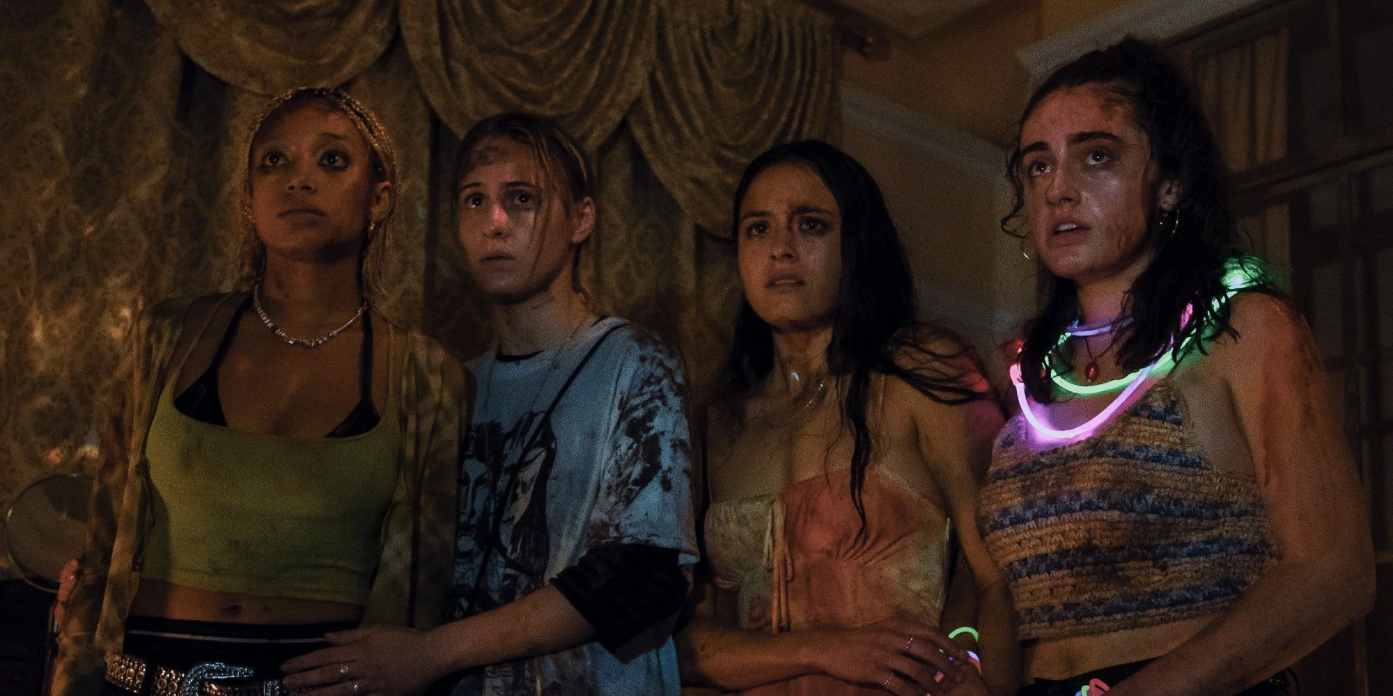 Maria Bakalova, Amandla Stenberg, Rachel Sennott and Chase Swee Wanders in Bodies, Bodies, Bodies