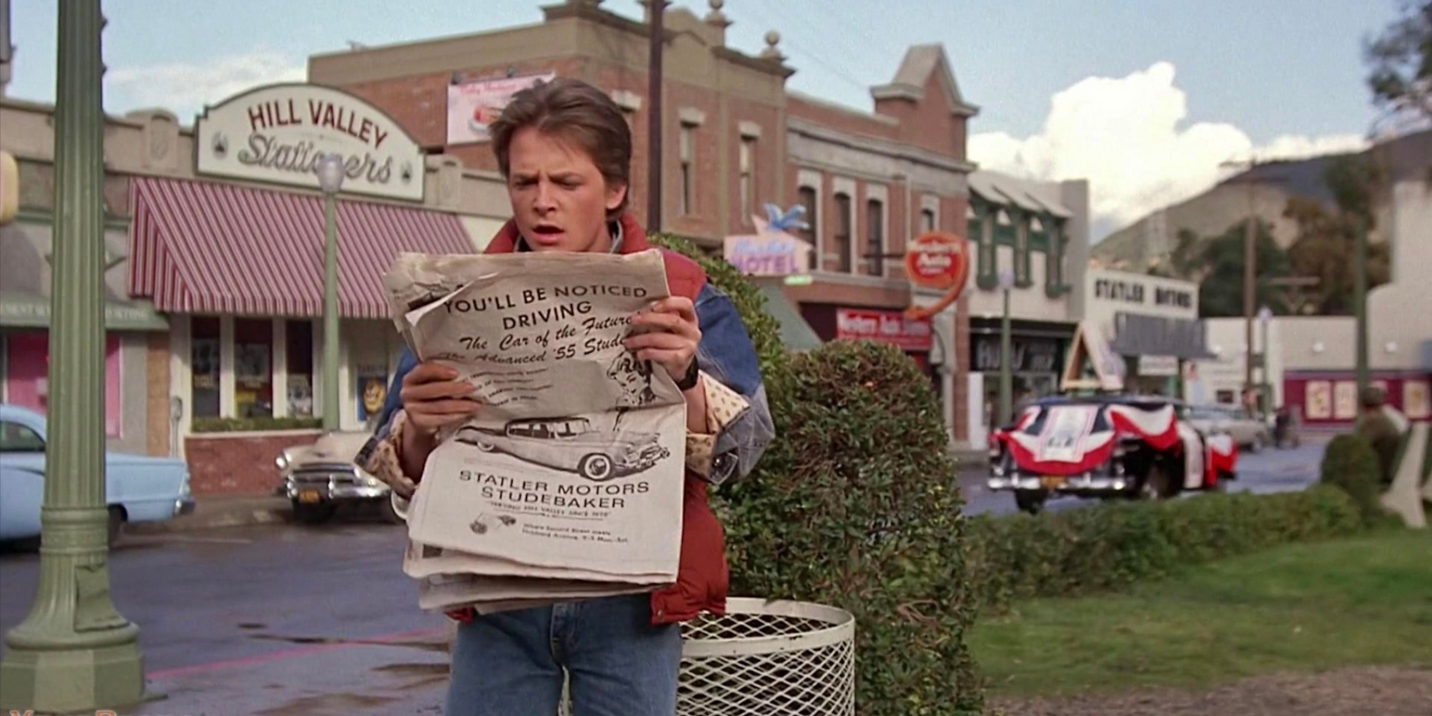Michael J Fox reading the newspaper in Back to the Future