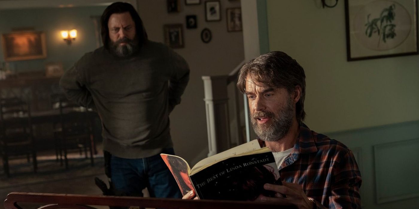 Murray Bartlett as Frank plays the piano and Nick Offerman as Bill watches in The Last of Us episode 3.