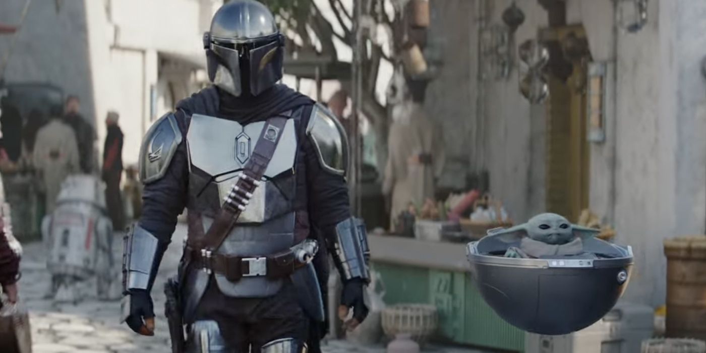 Pedro Pascal as a Mandalorian with a child in The Mandalorian