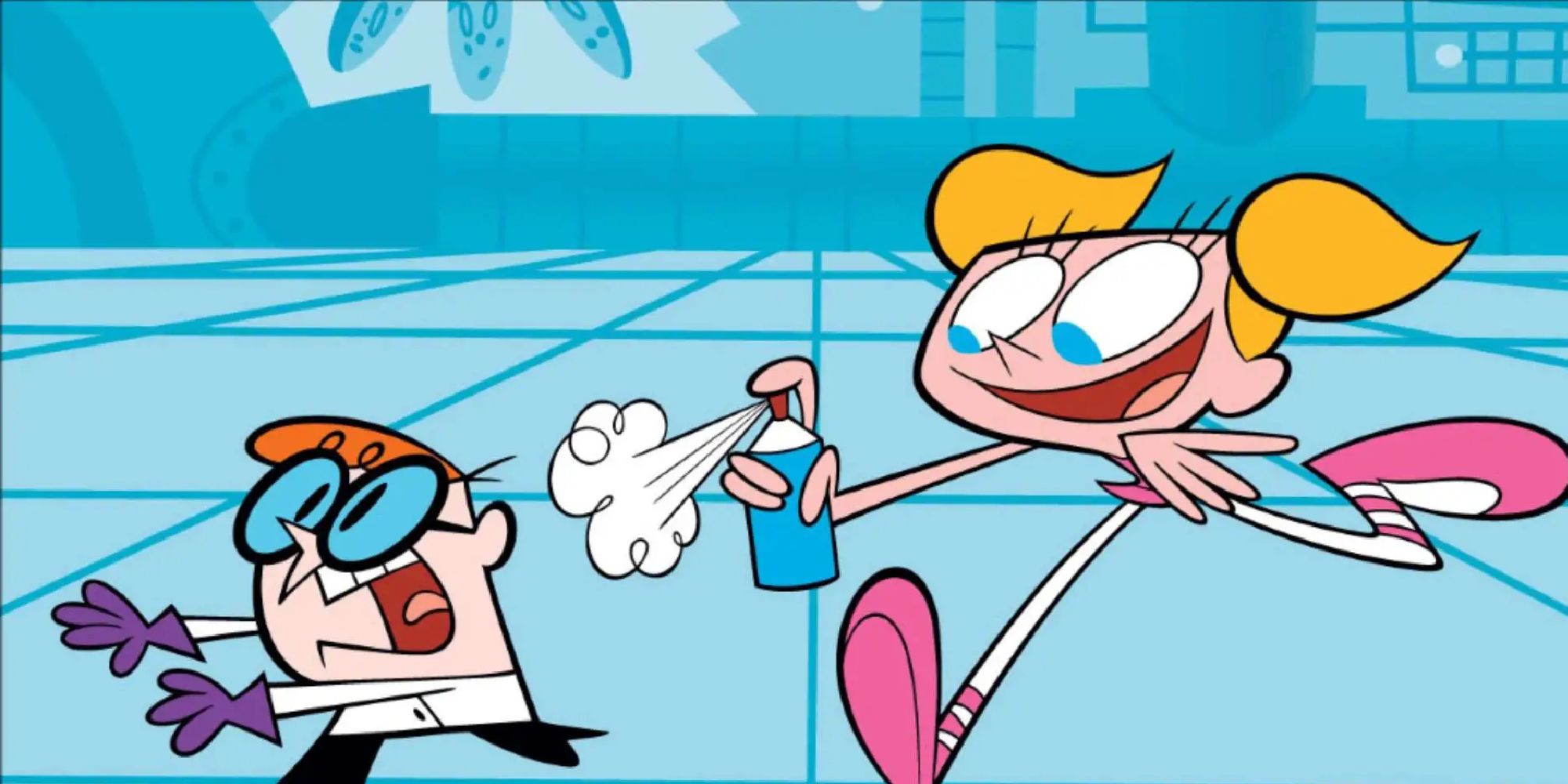 Dede chases Dexter with a spray gun in Dexter's lab.
