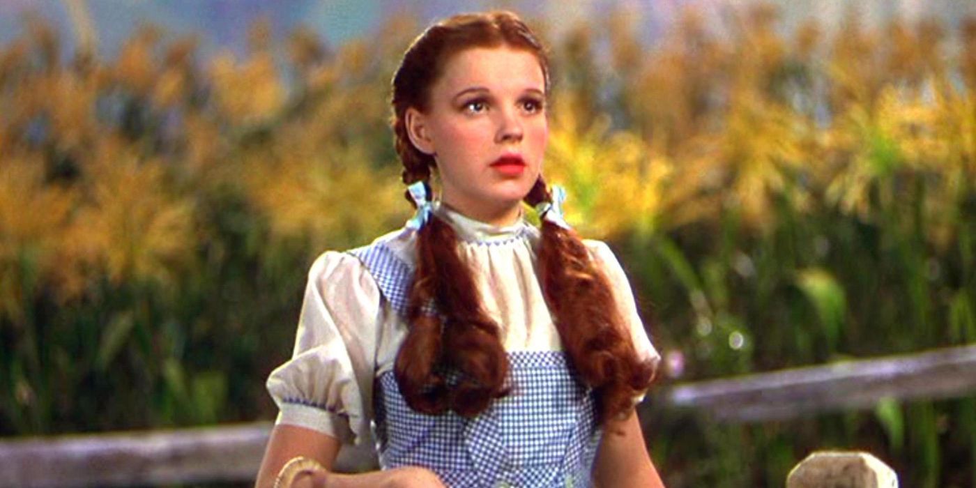 Judy Garland as Dorothy Gale looks surprised in The Wizard of Oz