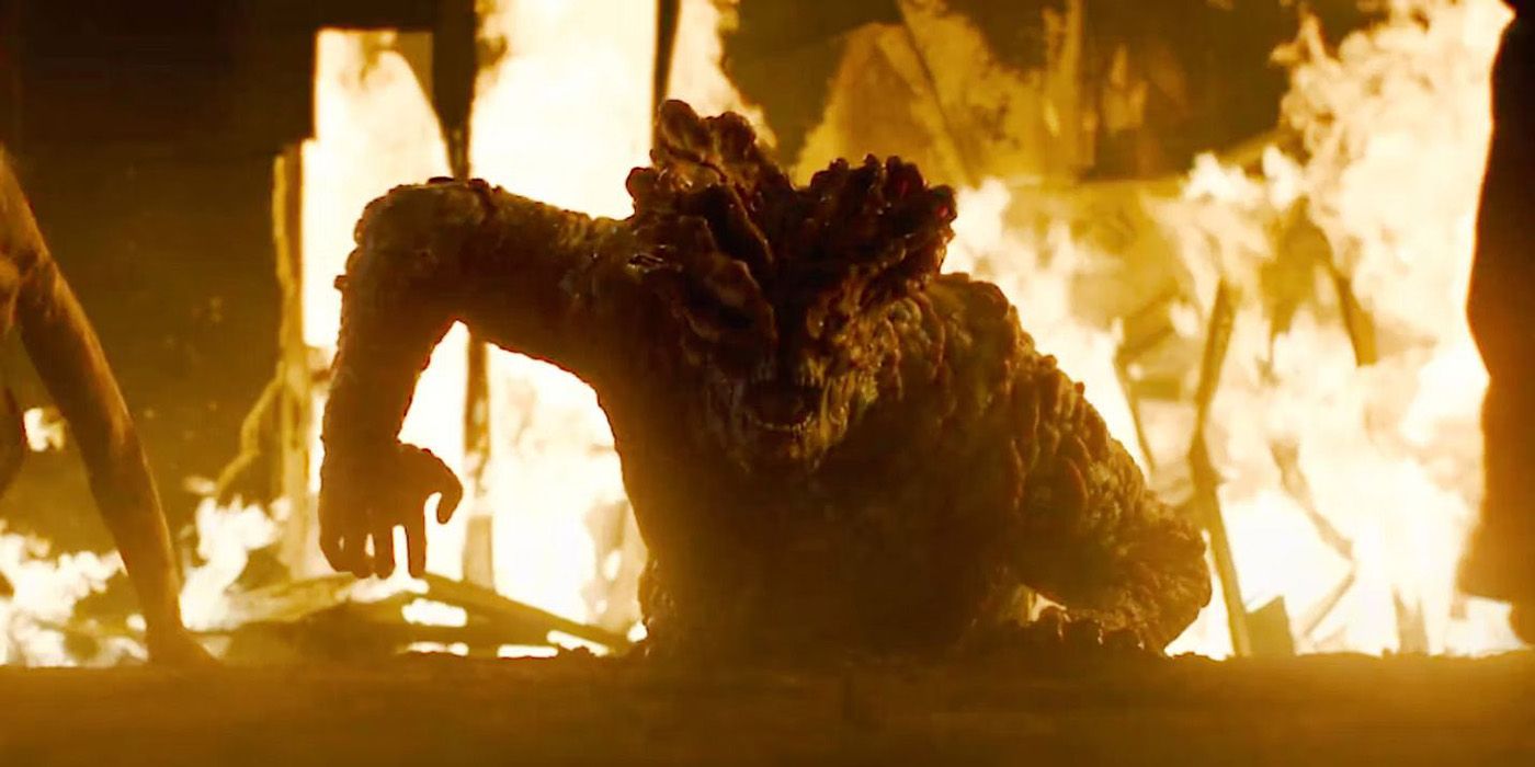 The Bloat emerges from the ground surrounded by fire in The Last of Us Episode 5.