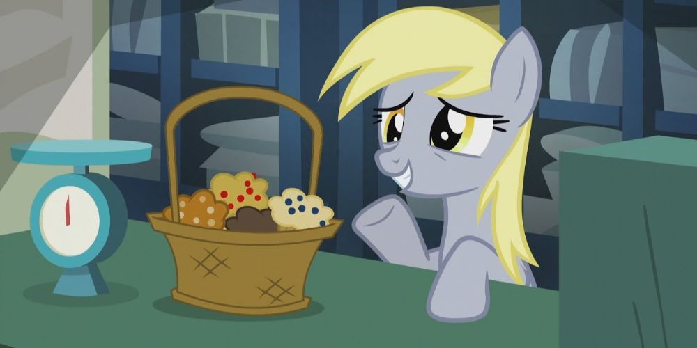 Derpy Hooves/Muffins offers a basket of cupcakes as an apology for the mistake.