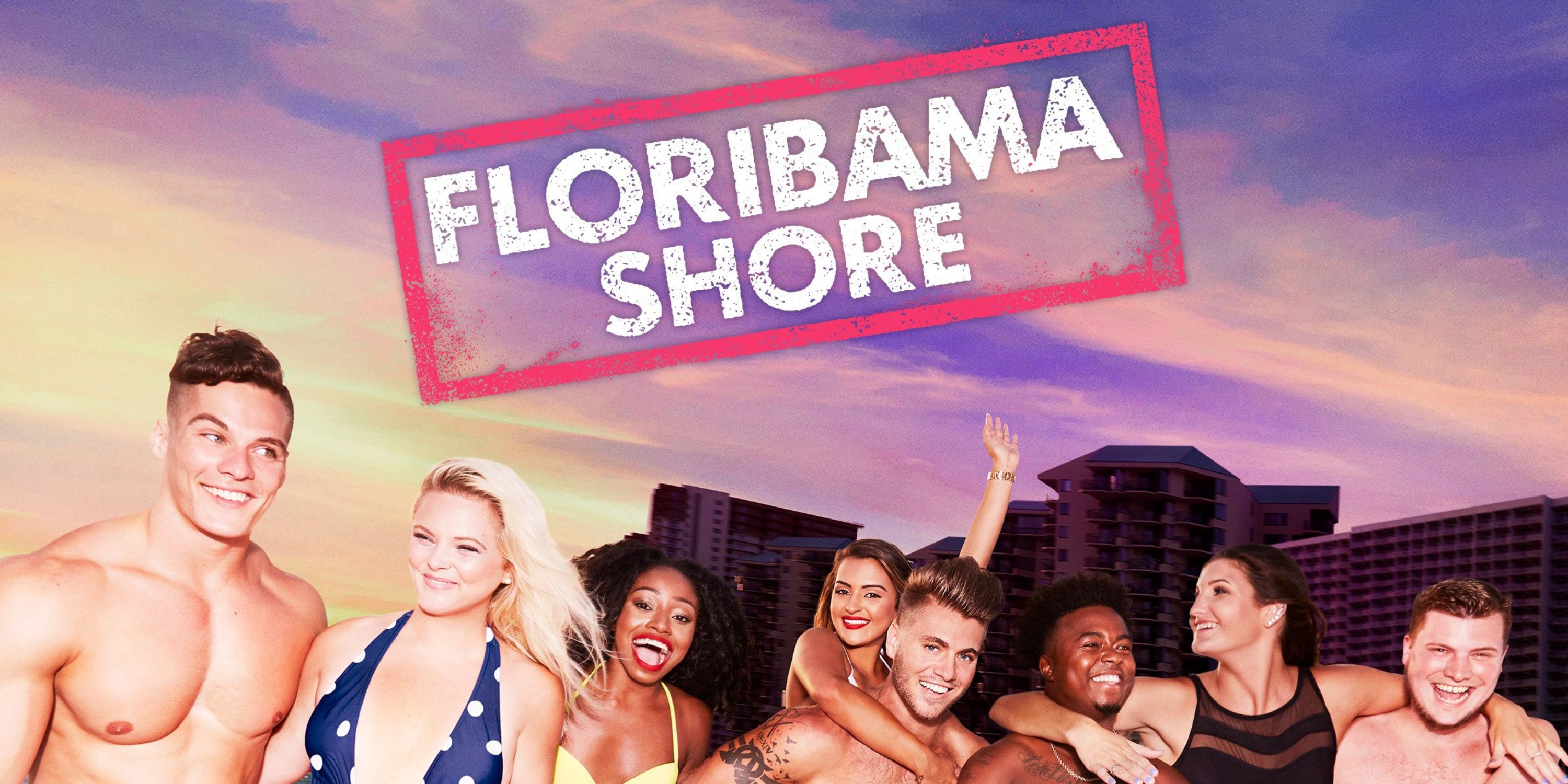 a group of young people partying on the beach with an apartment building in the background;  in white text and in a pink frame of the word 