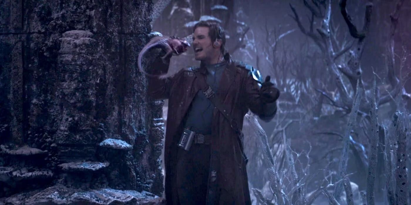 Peter Quill, played by actor Chris Pratt, dances to the music in Marvel's Guardians of the Galaxy.