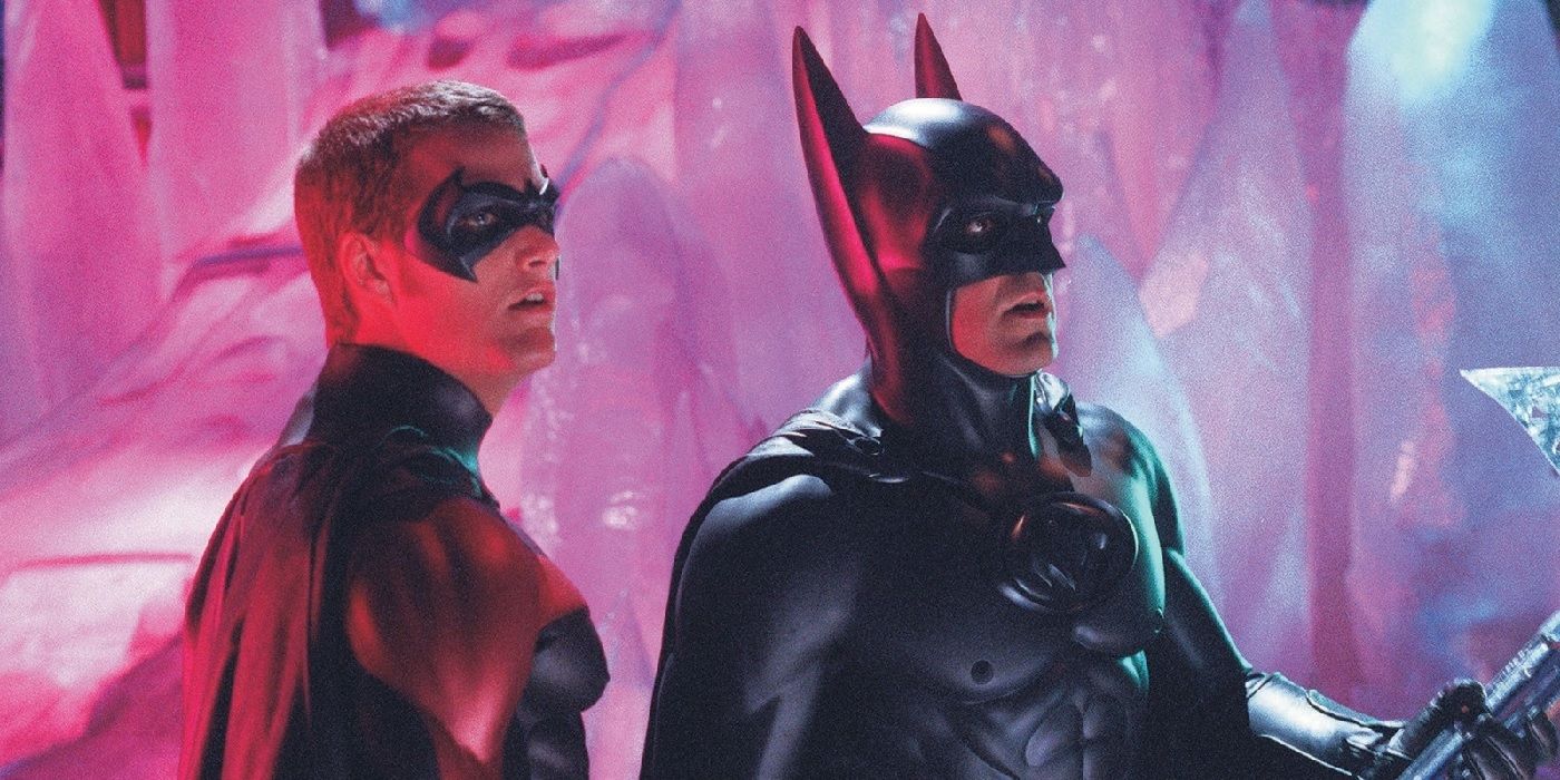Batman (George Clooney) and Robin (Chris O'Donnell) stand together in Mr. Freeze's lair in a scene from Batman & Robin.