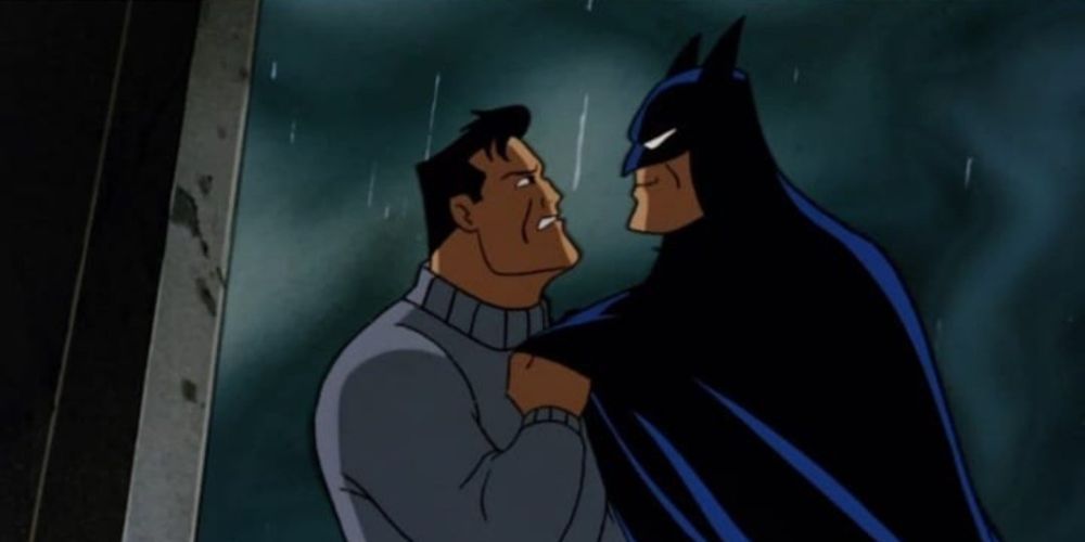 Bruce Wayne and Batman confront each other in the Mad Hatter's dream world.