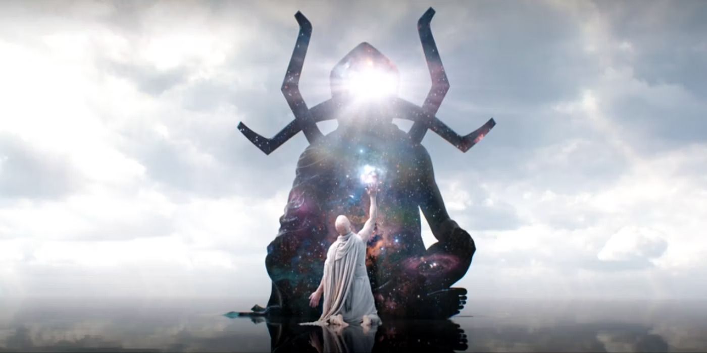 Gorr the Butcher God (Christian Bale) kneels before Eternity in Thor: Love and Thunder.