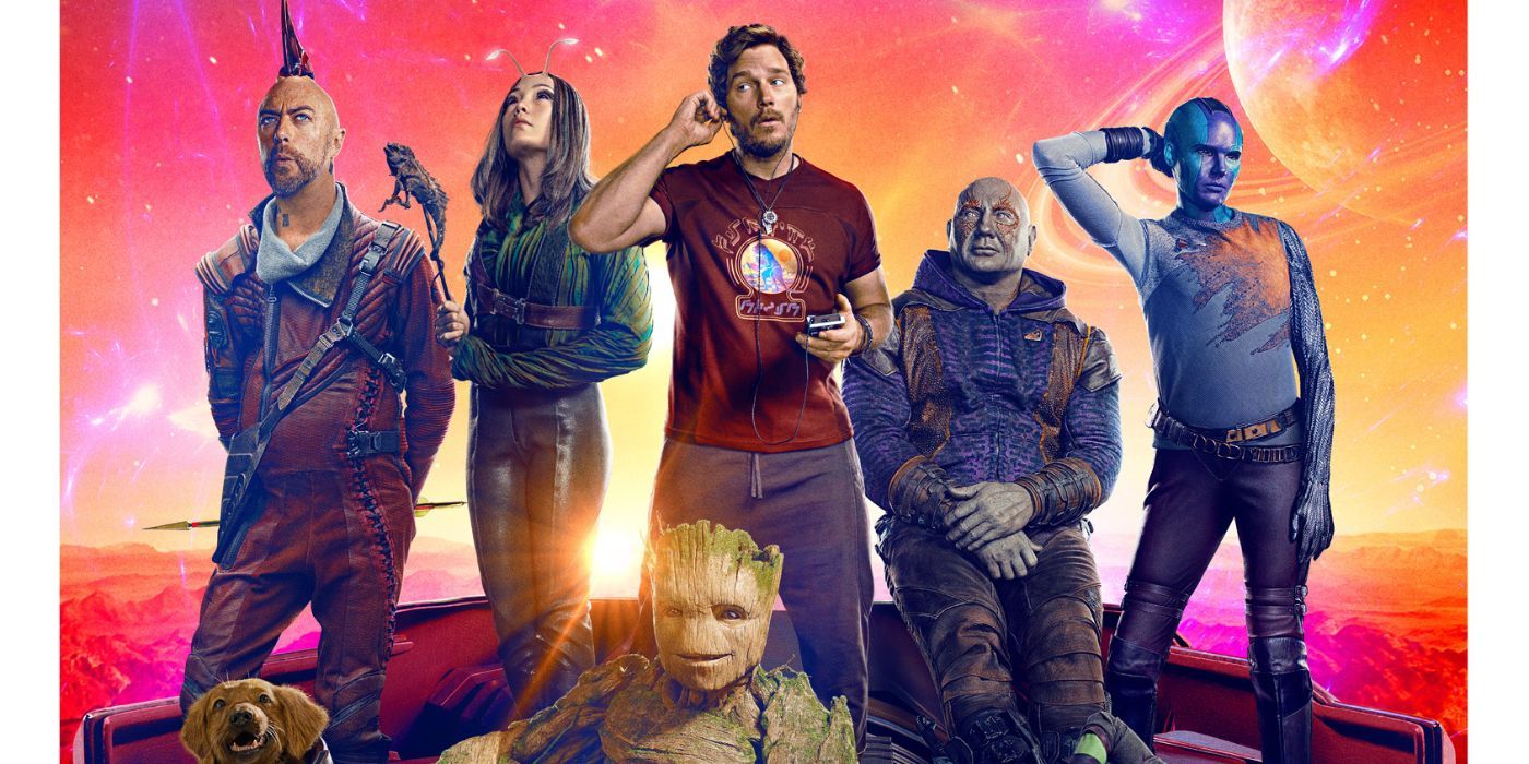 Sean Gunn, Pom Klementieff, Chris Pratt, Dave Bautista and Karen Gillan as Kraglin, Mantis, Star-Lord, Drax and Nebula along with Cosmo and Groot in Guardians of the Galaxy Vol.  3
