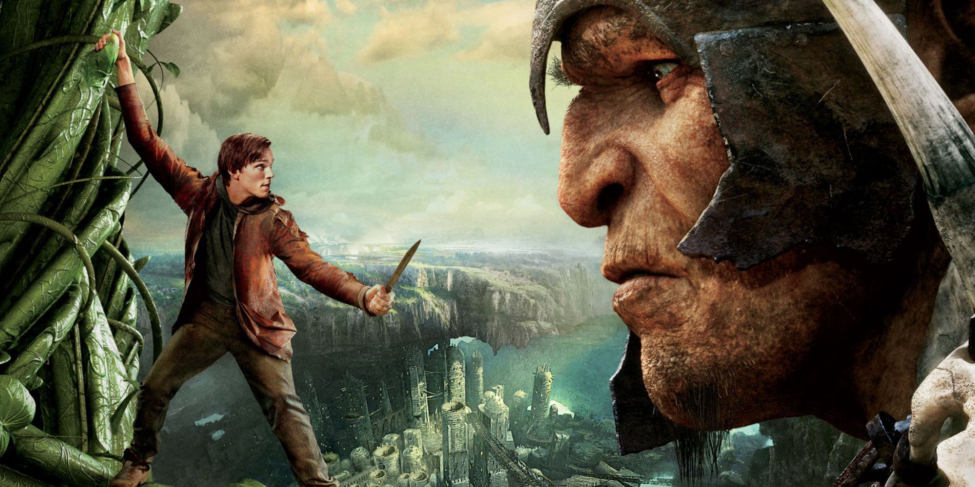 Jack holds on to a beanstalk and dagger as he fights the giant.