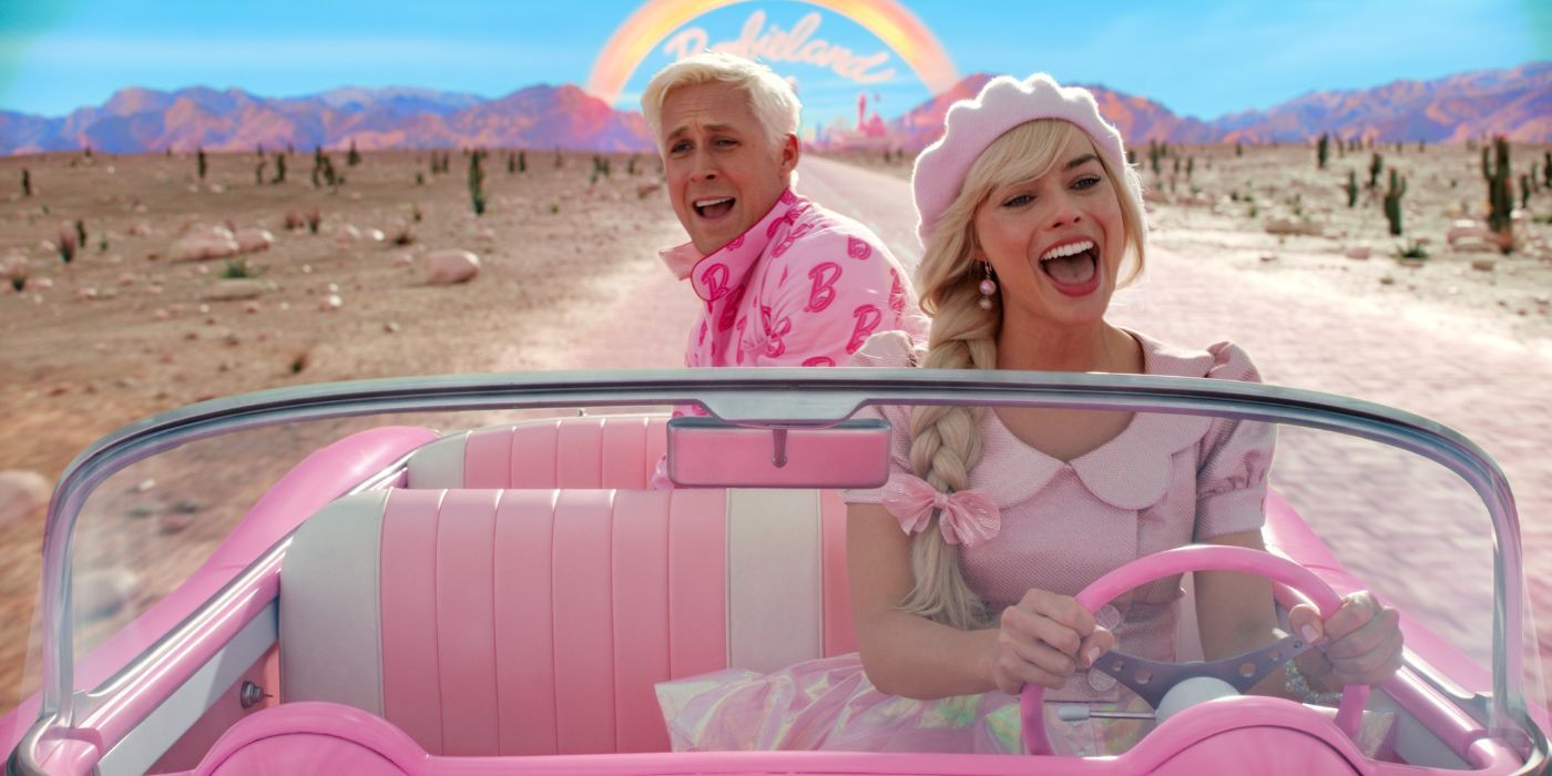 Margot Robbie as Barbie sings her car, with Ryan Gosling as Ken behind her. 
