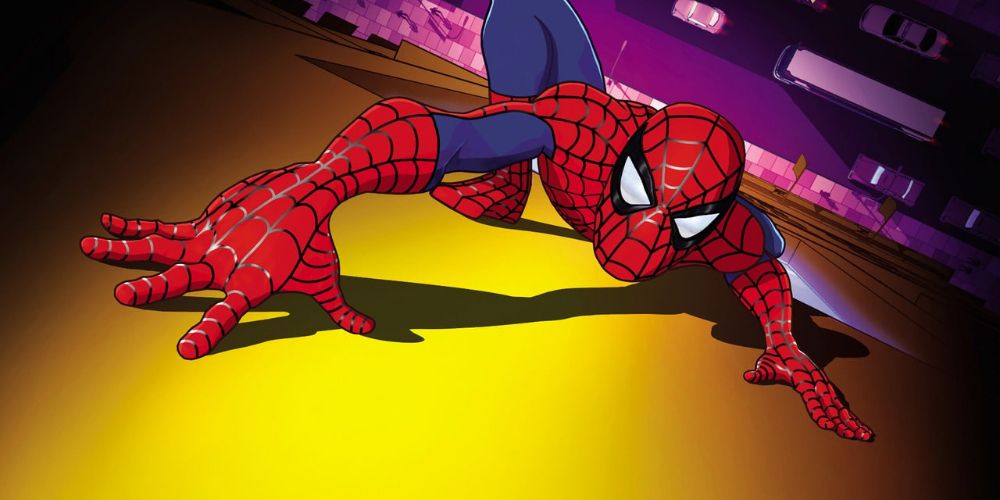 Spider-Man crawling up the wall in a Spider-Man cartoon