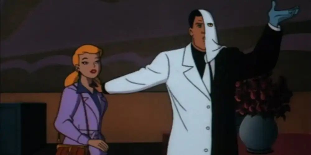Two-Face explains his new life to his fiancee Grace.