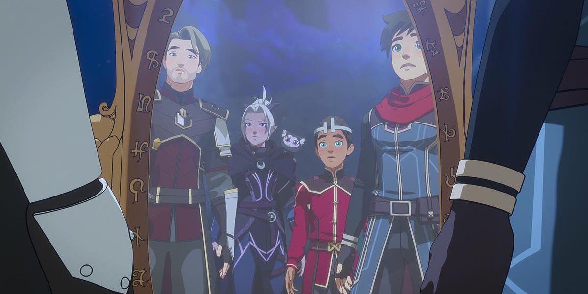 Ezran (Sasha Rohen), Callum (Jack DeSena), Rayla (Paula Burroughs), Soren (Jesse Inokalla) peek into the prison of Aaravos.