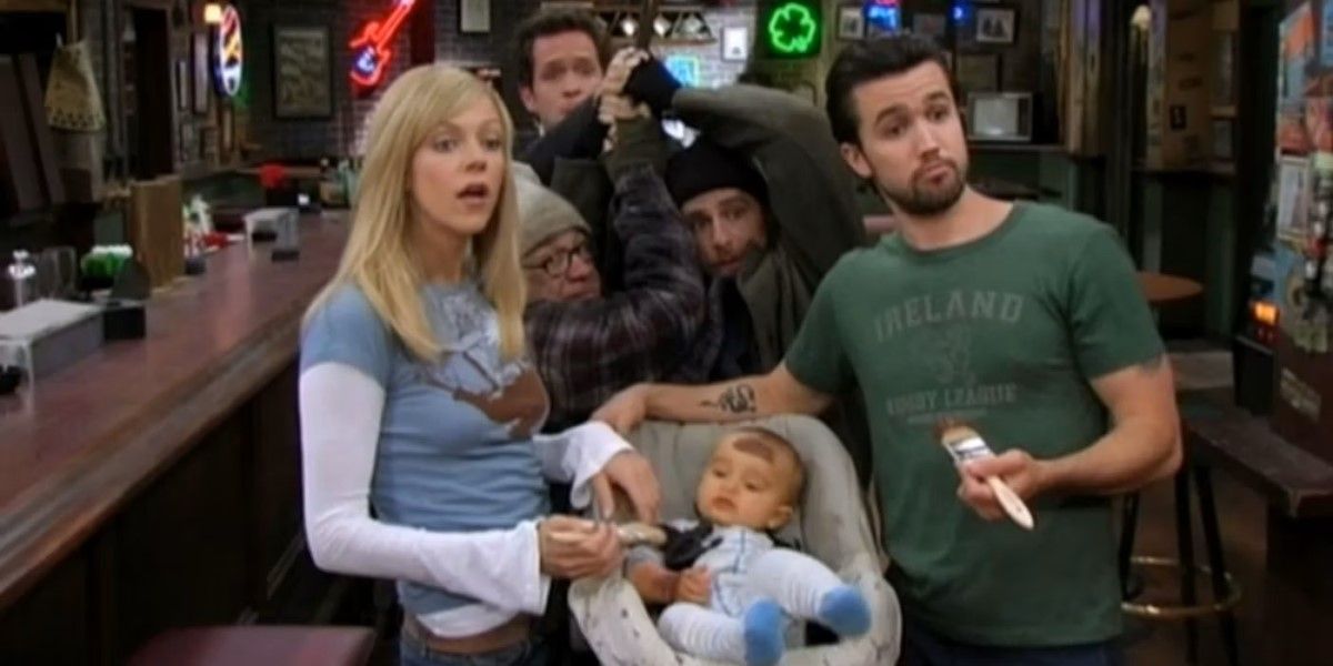 Dee (Caitlin Olson), Mac (Rob McElhenney) and the trash kid gang in It's Always Sunny in Philadelphia.