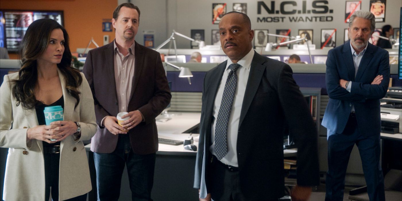 Katrina Lowe, Sean Murray, Rocky Carroll and Gary Cole as Jessica Knight, Timothy McGee, Leon Vance and Alden Parker at NCIS