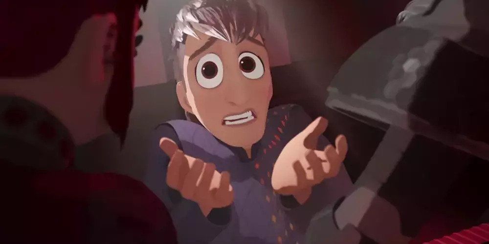 A still from the film Nimona featuring Julio Torres as Squire Diego.