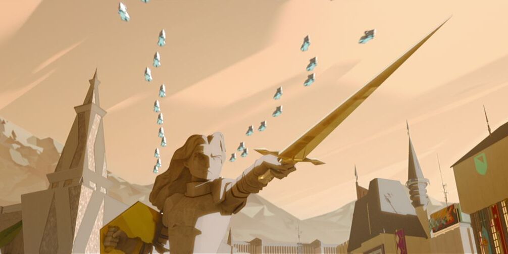 A still from Nimon's film with the statue of the knight Gloreth.