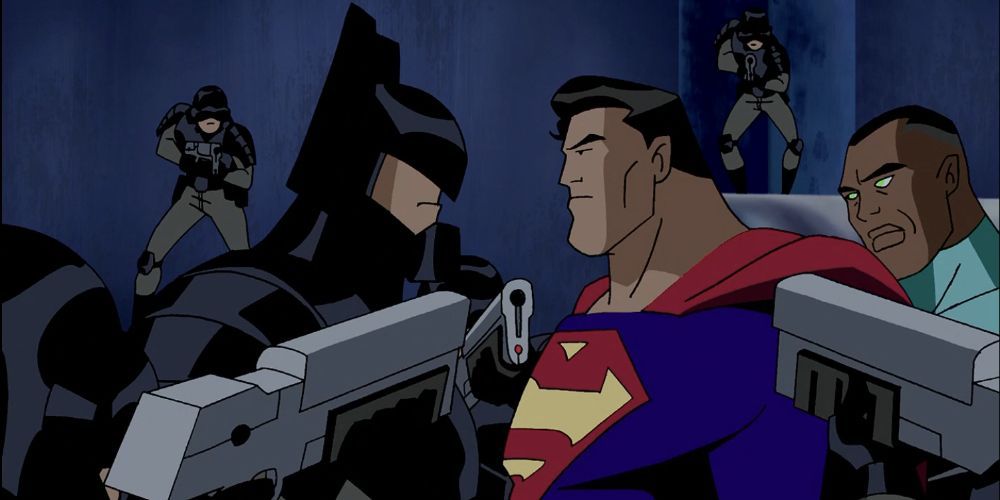 An alternate future Batman confronts Superman and Green Lantern.
